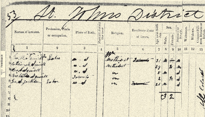Excerpt from an 1861 census register showing handwritten entries for residents in St. Ann's District.