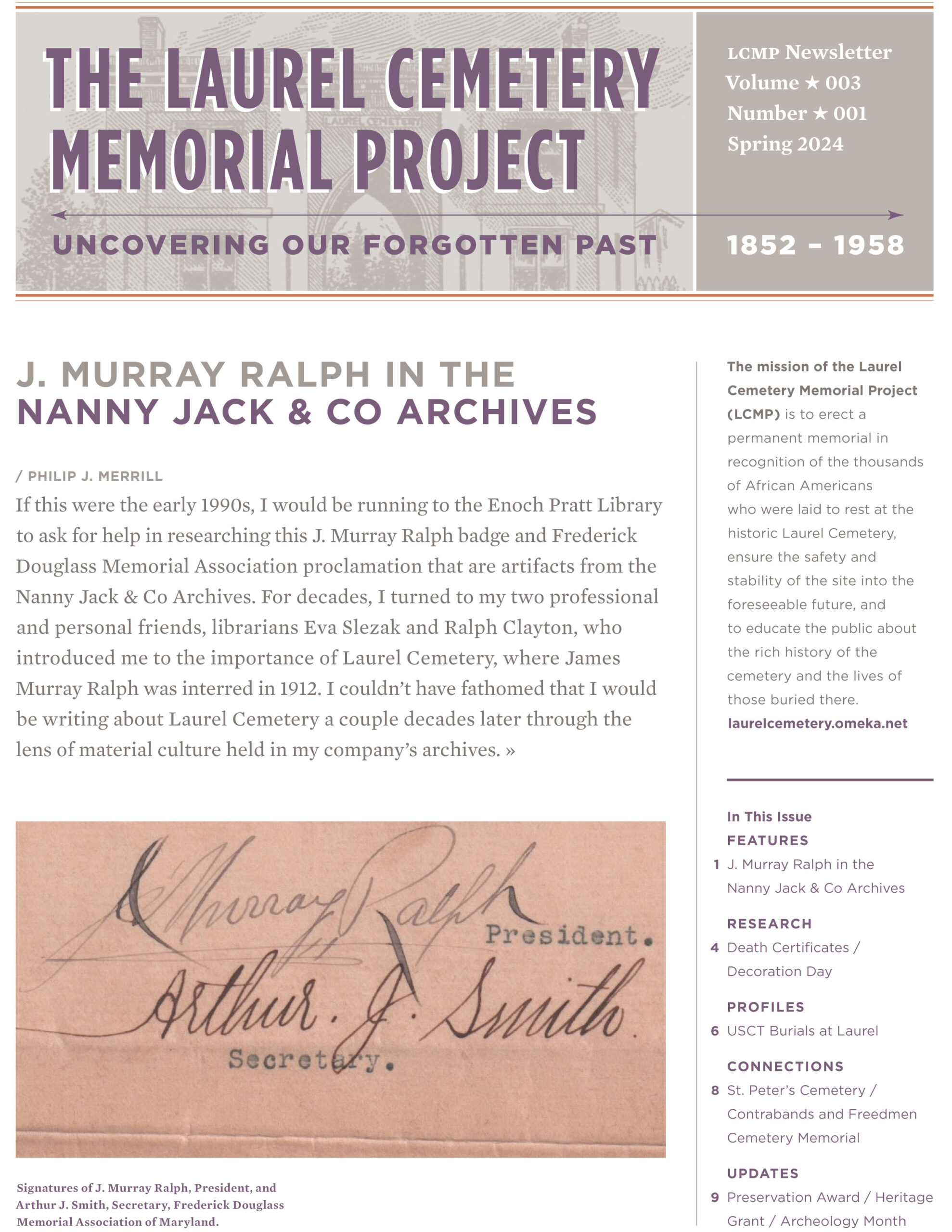 2024 Winter Newsletter Cover Cover of the Winter 2026 Laurel Cemetery Memorial Project newsletter featuring the headline "Sign Dedication & Commemoration Ceremony" and a photograph of the Laurel Cemetery Memorial Project commemorative sign.