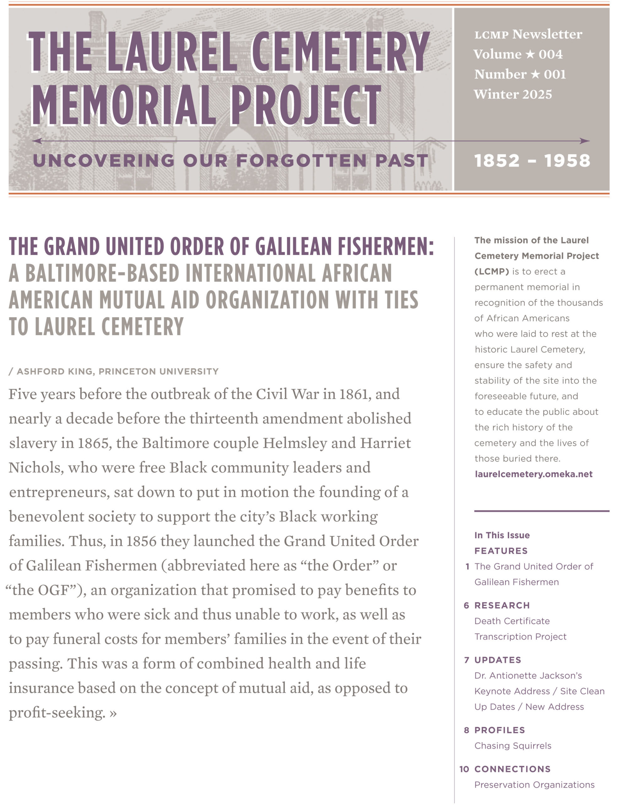 2025 Winter Newsletter Cover Cover of the Winter 2026 Laurel Cemetery Memorial Project newsletter featuring the headline "Sign Dedication & Commemoration Ceremony" and a photograph of the Laurel Cemetery Memorial Project commemorative sign.