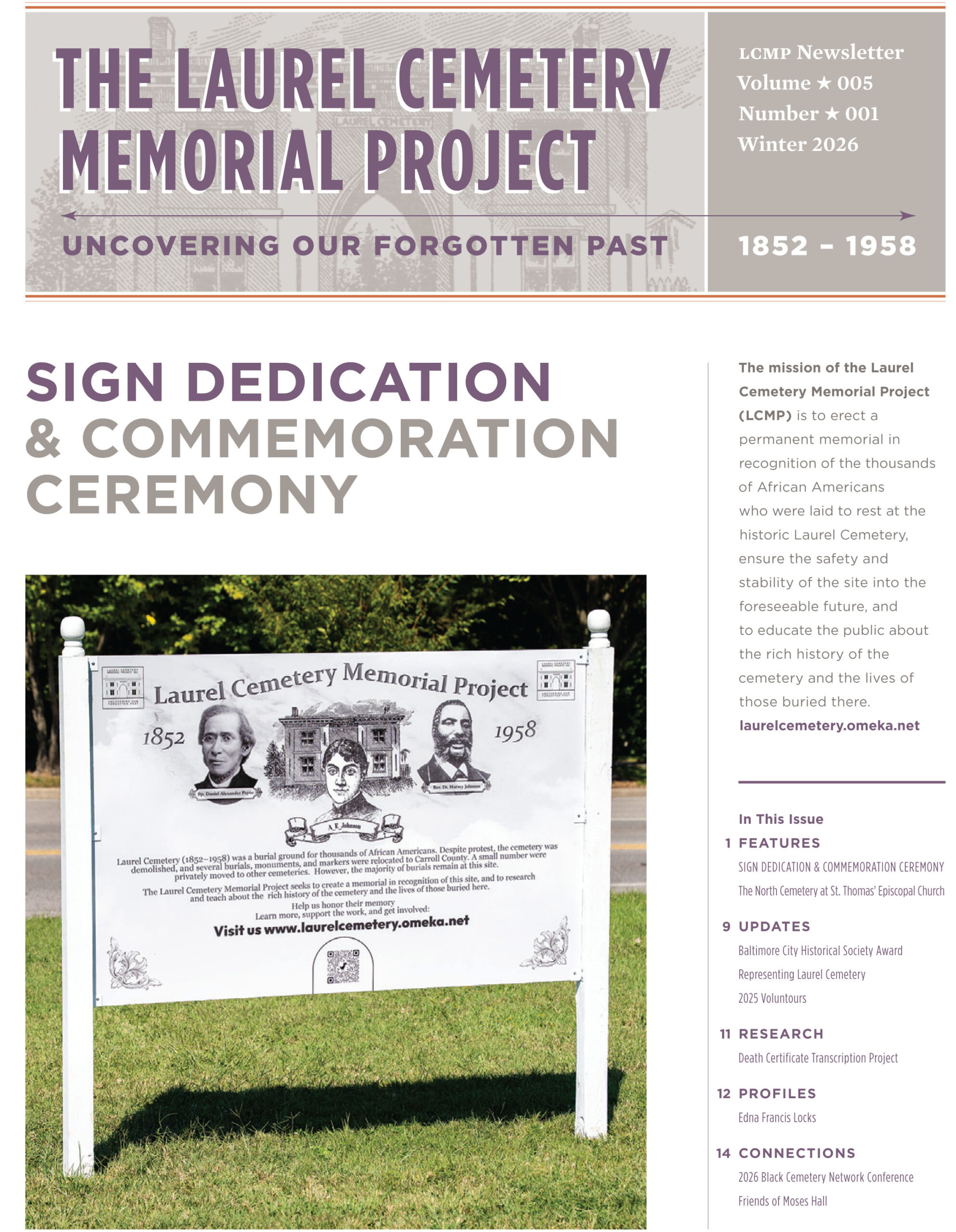 2026 Winter Newsletter Cover Cover of the Winter 2026 Laurel Cemetery Memorial Project newsletter featuring the headline "Sign Dedication & Commemoration Ceremony" and a photograph of the Laurel Cemetery Memorial Project commemorative sign.