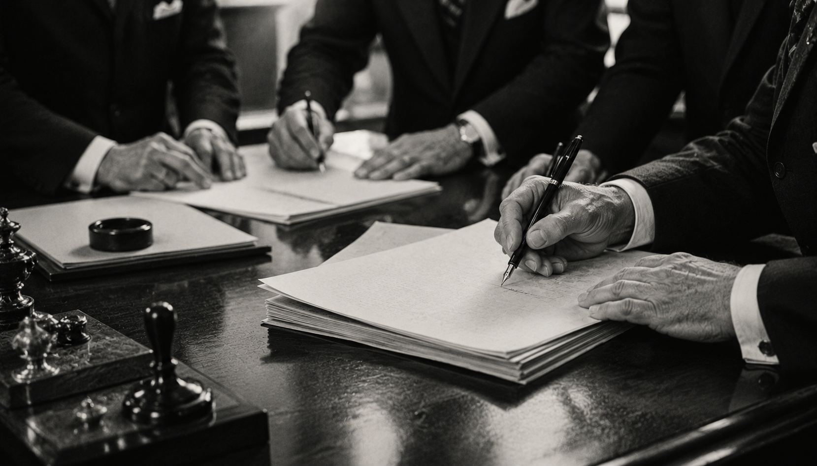 Black-and-white image of officials signing legislative documents at a desk, representing Maryland's 1957 approval of legislation authorizing the sale of Laurel Cemetery property.