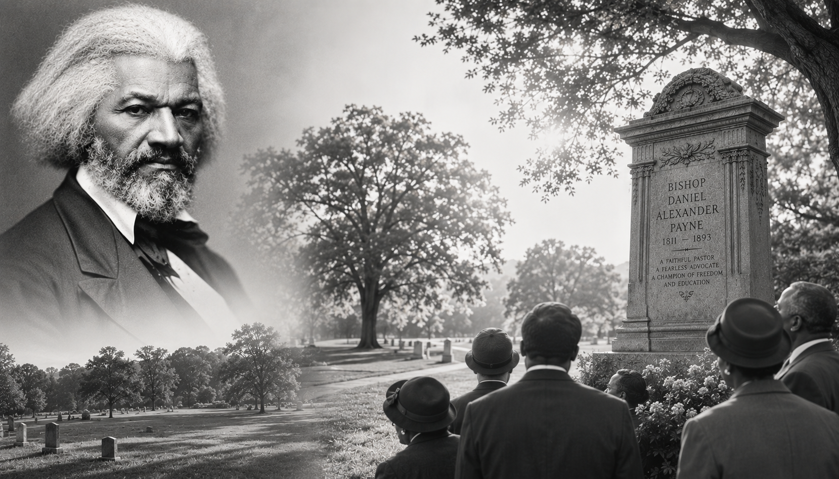 Black-and-white collage of Frederick Douglass, the Bishop Daniel Alexander Payne monument, attendees, and a peaceful cemetery landscape beneath large trees.