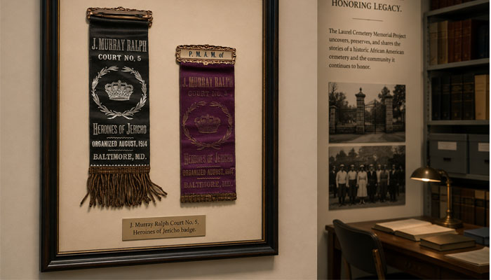 Framed Heroines of Jericho badges displayed as part of a Laurel Cemetery Memorial Project exhibit.