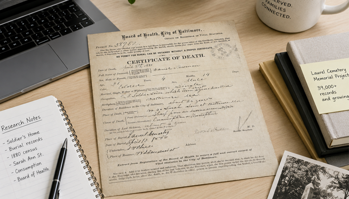 Historic Baltimore death certificate displayed on a desk alongside research notes, archival folders, and a historic photograph.