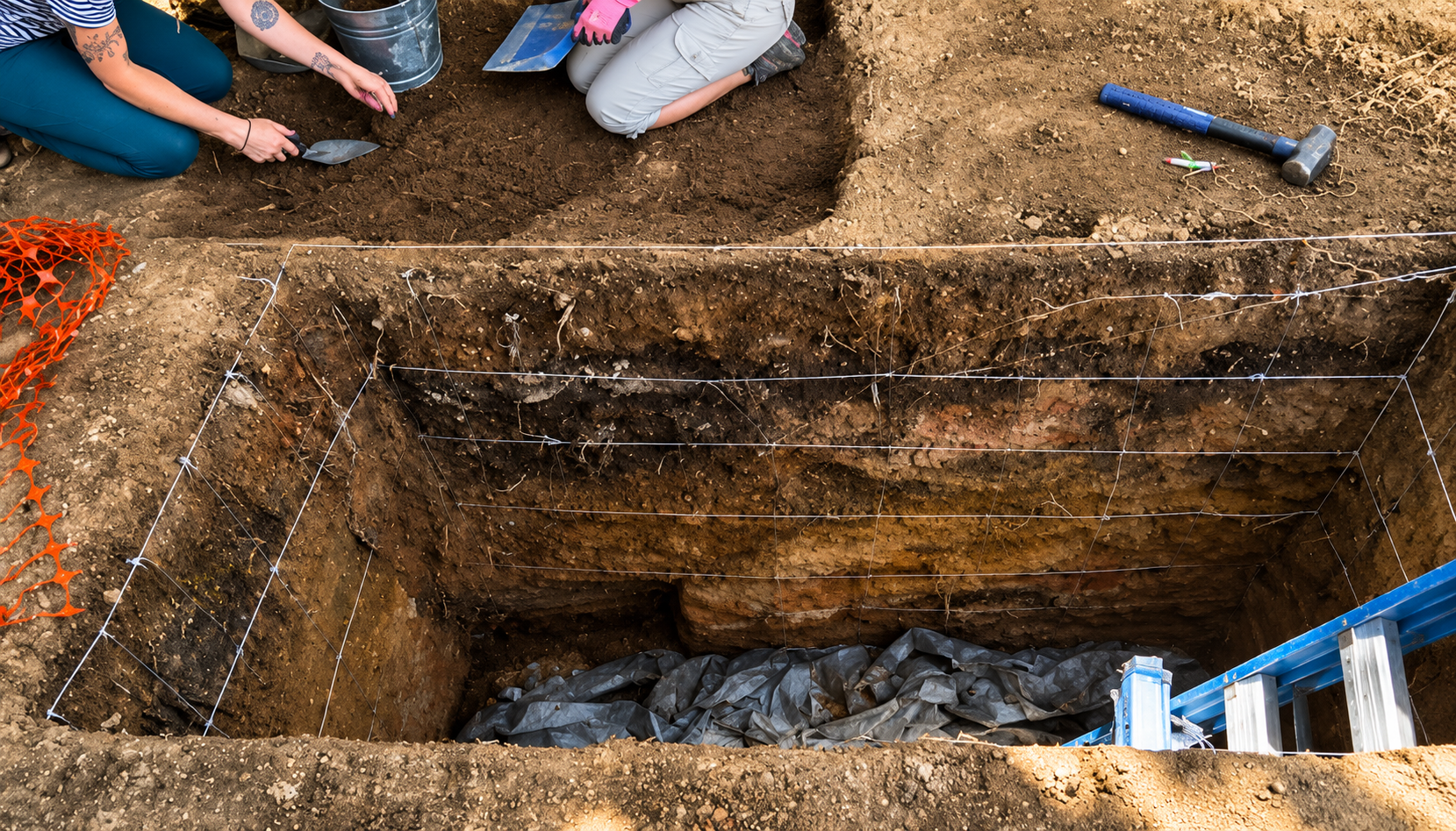 Excavation Unit Revealing Burial Context at Laurel Cemetery 2 A deep archaeological excavation unit with exposed soil layers and burial features as researchers carefully document the site from above.