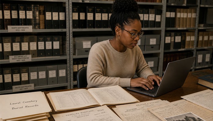 Researcher working on a laptop with historic burial records and archival documents in a records archive.