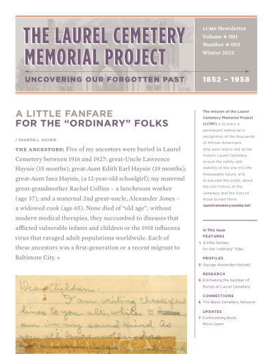 2022 Winter LCMP Newsletter cover Cover of the Winter 2026 Laurel Cemetery Memorial Project newsletter featuring the headline "Sign Dedication & Commemoration Ceremony" and a photograph of the Laurel Cemetery Memorial Project commemorative sign.