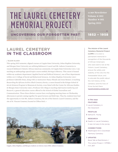 2023 Spring LCMP Newsletter cvr Cover of the Winter 2026 Laurel Cemetery Memorial Project newsletter featuring the headline "Sign Dedication & Commemoration Ceremony" and a photograph of the Laurel Cemetery Memorial Project commemorative sign.