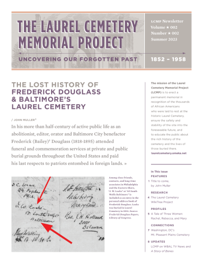 2023 Summer LCMP Newsletter cvr Cover of the Winter 2026 Laurel Cemetery Memorial Project newsletter featuring the headline "Sign Dedication & Commemoration Ceremony" and a photograph of the Laurel Cemetery Memorial Project commemorative sign.
