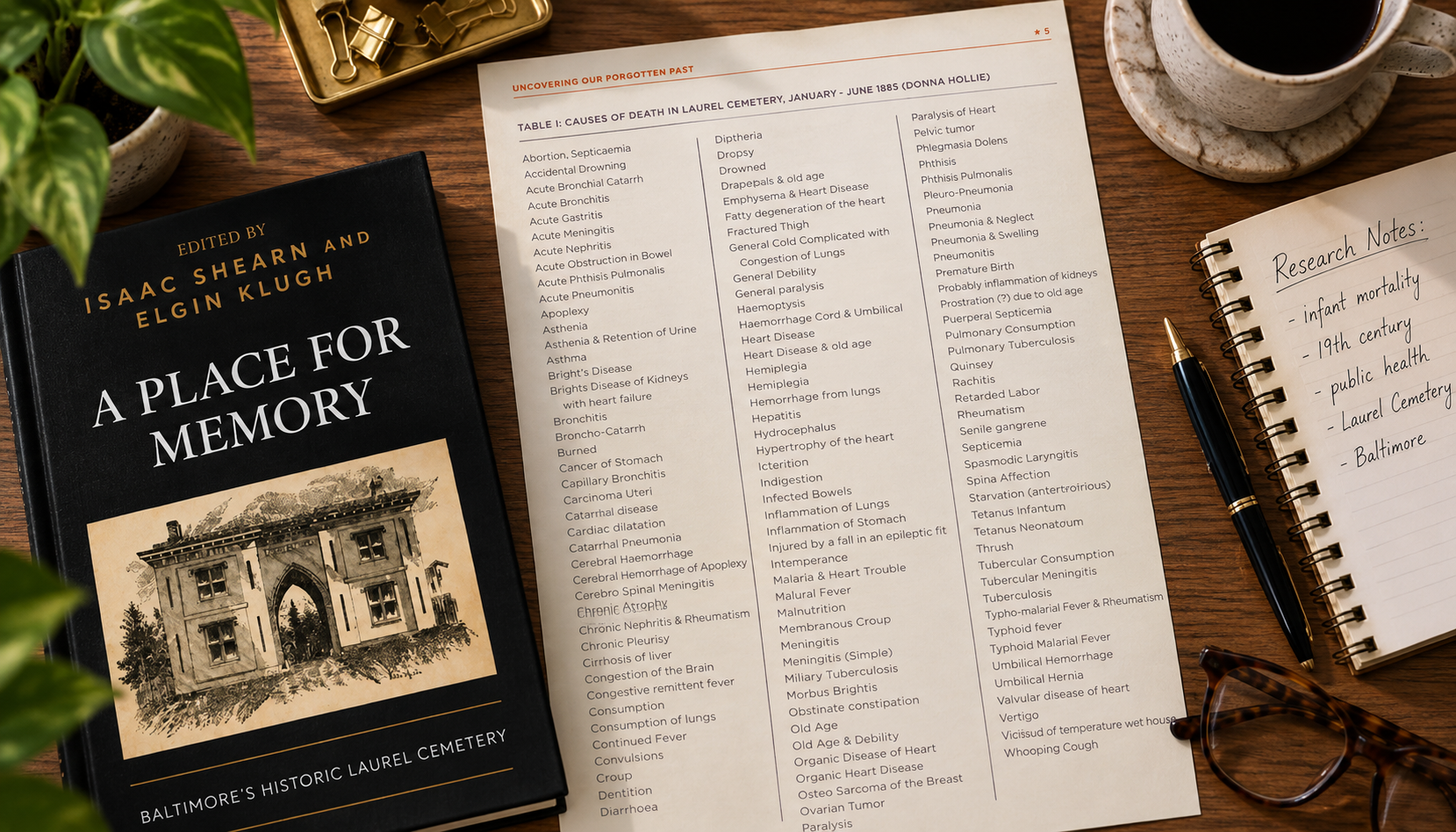 A Place for Memory beside a Laurel Cemetery research table listing recorded causes of death from January through June 1885.