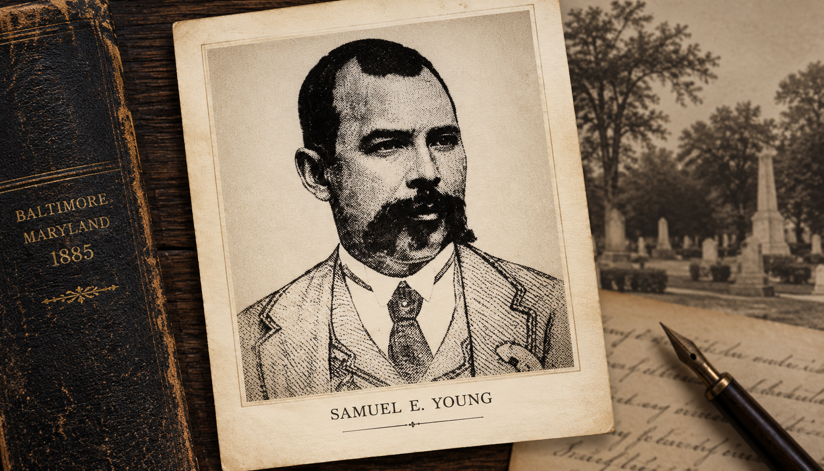 Historical portrait of Samuel E. Young displayed with archival materials and a cemetery scene representing his life and connection to Laurel Cemetery.