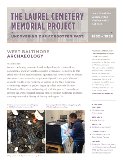 Fall 2023 Newsletter cover Cover of the Winter 2026 Laurel Cemetery Memorial Project newsletter featuring the headline "Sign Dedication & Commemoration Ceremony" and a photograph of the Laurel Cemetery Memorial Project commemorative sign.