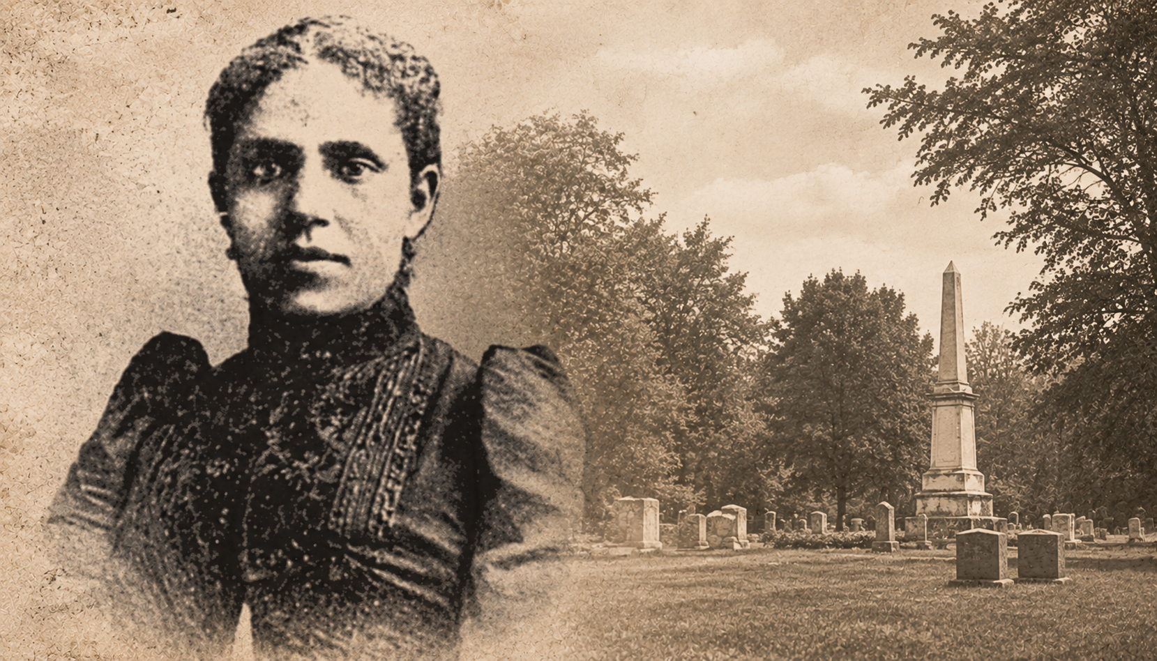 Historical portrait of Mary Handy layered over a sepia-toned cemetery landscape with gravestones and an obelisk.