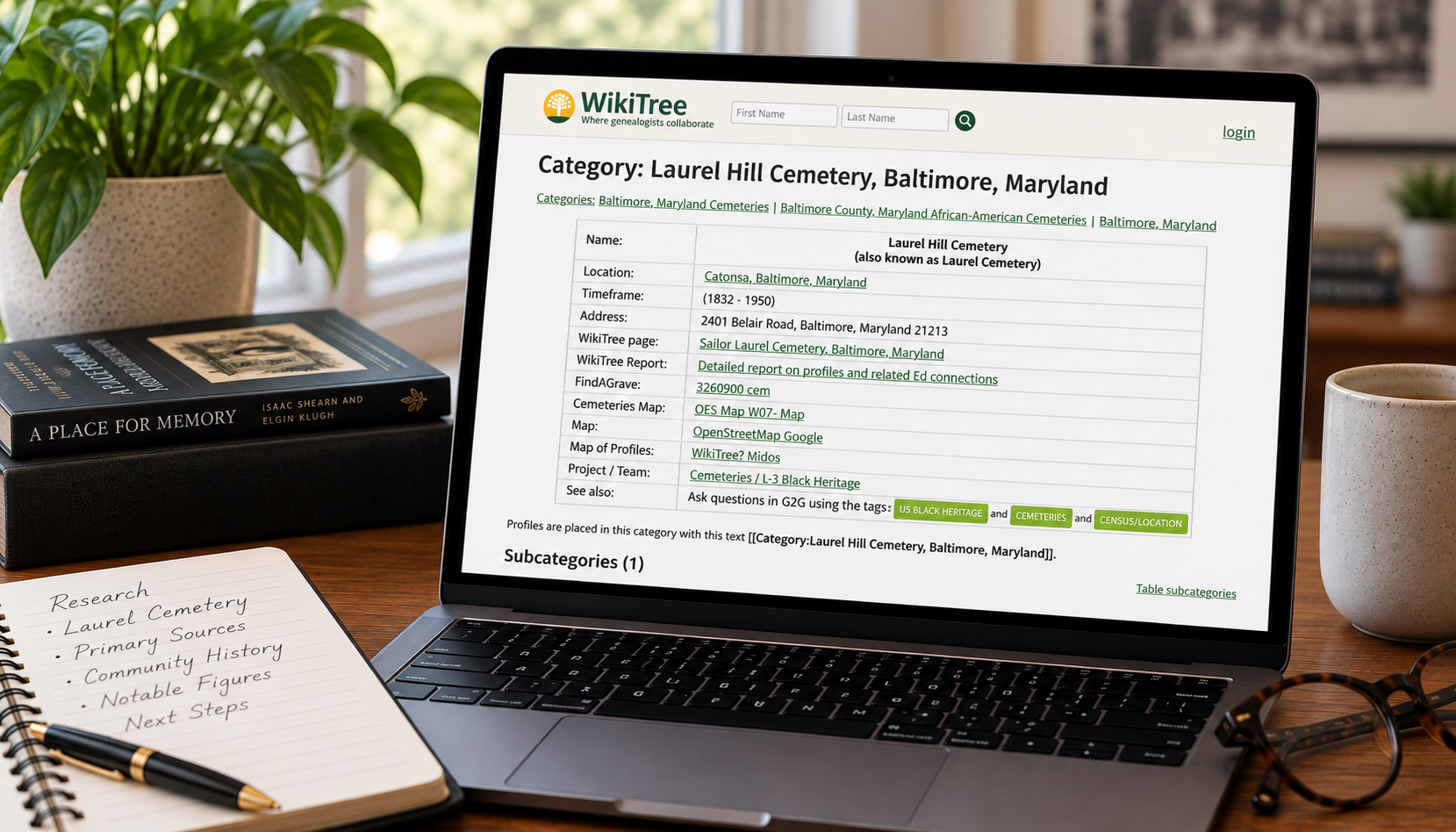 Laptop displaying the Laurel Hill Cemetery WikiTree project beside A Place for Memory, research notes, and genealogy materials.