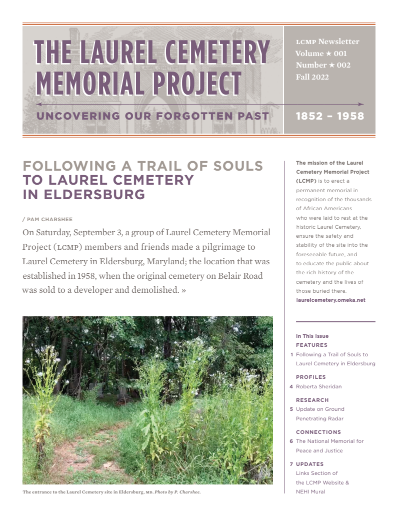 fall-2022-newsletter-cover Cover of the Winter 2026 Laurel Cemetery Memorial Project newsletter featuring the headline "Sign Dedication & Commemoration Ceremony" and a photograph of the Laurel Cemetery Memorial Project commemorative sign.