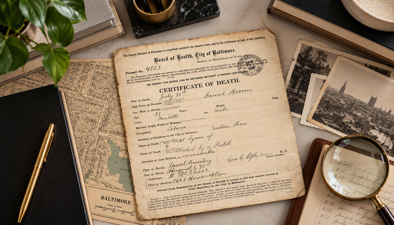 A Place for Memory beside a Laurel Cemetery research table listing recorded causes of death from January through June 1885.