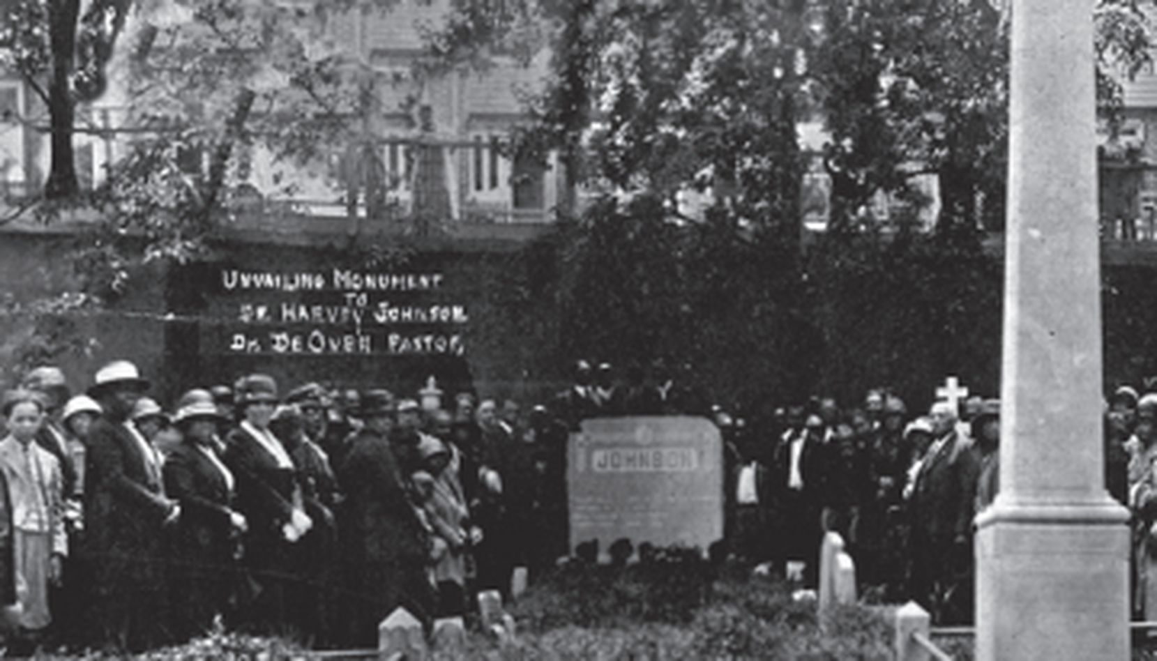 Historical portrait of Samuel E. Young displayed with archival materials and a cemetery scene representing his life and connection to Laurel Cemetery.
