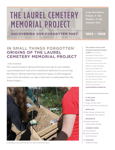 summer-2022-newsletter-cover Cover of the Winter 2026 Laurel Cemetery Memorial Project newsletter featuring the headline "Sign Dedication & Commemoration Ceremony" and a photograph of the Laurel Cemetery Memorial Project commemorative sign.
