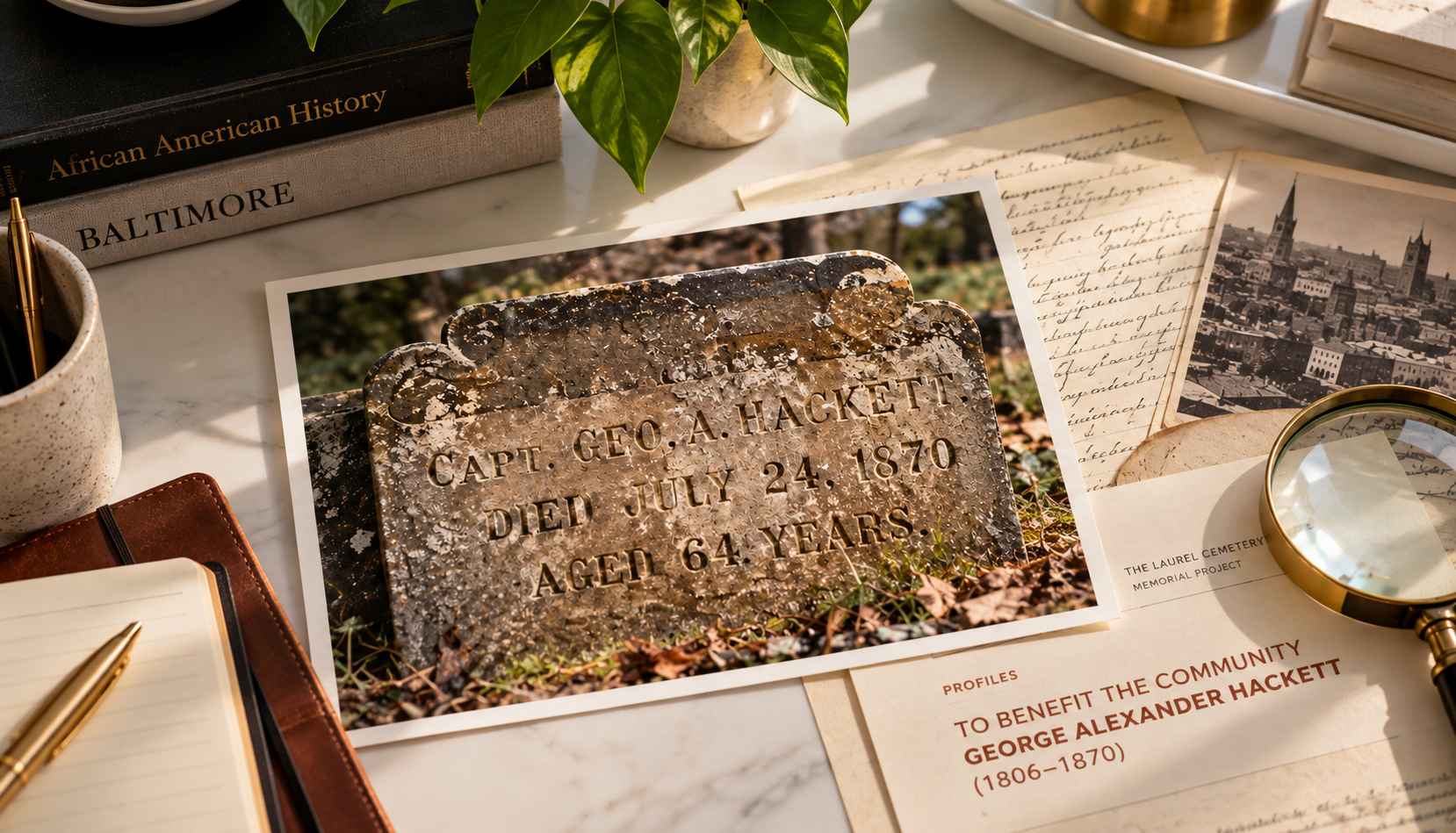 Historical portrait of Samuel E. Young displayed with archival materials and a cemetery scene representing his life and connection to Laurel Cemetery.